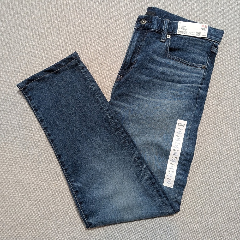 Uniqlo Mens Slim Fit Straight Jeans 32x32 Blue Stretch Denim Pants New